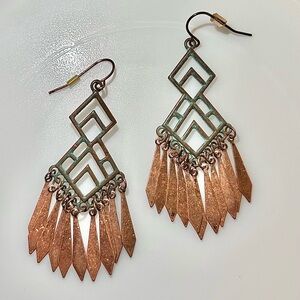 Geometric Copper Dangle Earrings w Turquoise Patina